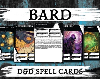 Może przedstawiać: Pięć kart zaklęć D&D dla klasy Bard. Karty są czarne z białym tekstem i przedstawiają ilustracje zaklęć: Tańczące Światła, Mała Iluzja, Zamaskowanie i Modyfikacja (Rytuał).