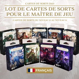 May include: A collection of nine Dungeons and Dragons spell card decks in individual boxes. The boxes feature character illustrations and class labels including Rôdeur, Barde, Clerc, Artificier, Paladin, Magicien, Druide, Ensorceleur, and Occultiste.