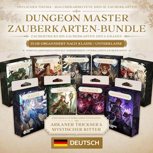Puede incluir: Un conjunto de nueve mazos de cartas en cajas con nombres de clases en alemán como Magier, Druide y Paladin. El texto superior dice DUNGEON MASTER ZAUBERKARTEN-BUNDLE. Cada caja presenta ilustraciones de fantasía coloridas y etiquetas blancas.