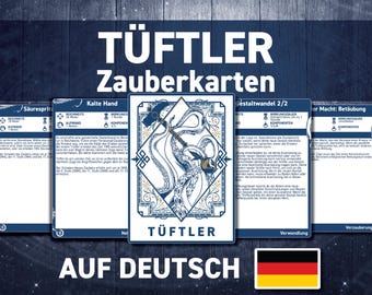 May include: A set of four blue and white magic cards with German text. The cards feature illustrations of a tentacled creature, a hand, and a potion. The cards are titled "Säuresprit", "Kalte Hand", "Gestaltwandel 2/2", and "er Macht: Betäubung".