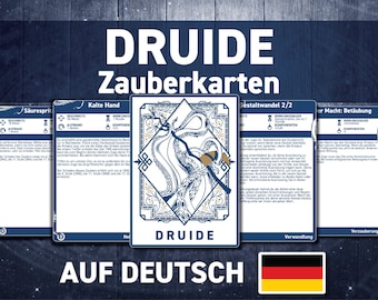 May include: A set of five blue and gold card game cards with German text. The cards feature a druid symbol and the text "DRUIDE Zauberkarten".