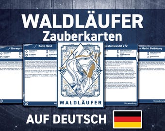 May include: A set of five blue and gold fantasy role-playing game cards with German text. The cards feature a blue and gold octopus design with the text "Waldläufer" in the center.