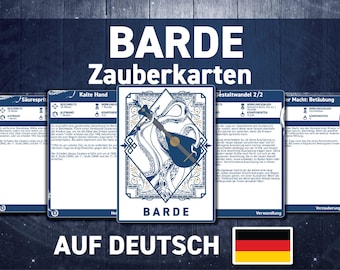 May include: A set of German-language fantasy role-playing game cards. The cards feature illustrations of a lute and other fantasy elements. The text "BARDE Zauberkarten" is displayed at the top, with "AUF DEUTSCH" at the bottom, and the German flag.