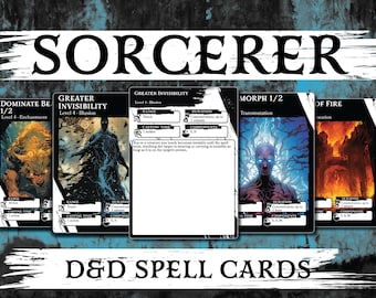 May include: A set of four black and white D&D spell cards with illustrations of a werewolf, a shadowy figure, a humanoid figure with glowing eyes, and a fiery scene. The cards are labeled with the names of the spells: Dominate Beast 1/2, Greater Invisibility, Morph 1/2, and Wall of Fire.