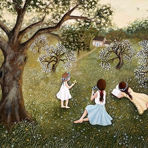 May include: Three girls in white dresses with flower crowns play in a field of wildflowers. One girl holds a yellow butterfly, another girl sits with a flower crown in her hand, and the third girl lies on her stomach reading a book. A small white house is visible in the background.
