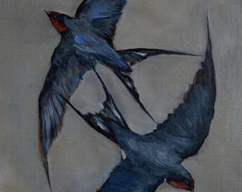 Hirondelles rustiques - Reproduction de ma peinture à l'huile originale