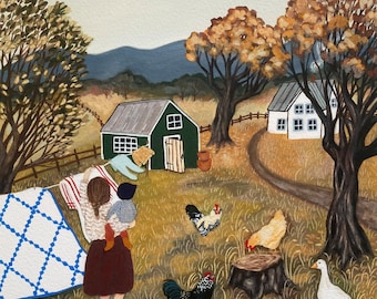May include: A watercolor painting of a rural scene with a green house, a white house, a woman holding a child, a basket, and chickens and geese in a grassy field.