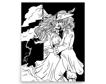 May include: A black and white illustration of a couple embracing. The woman is wearing a dress and the man is wearing a hat and a coat. The background is a dark, stormy sky.