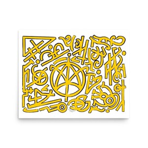 May include: A yellow abstract doodle with a circle in the center. The circle has a starburst design inside. The doodle is on a white background.