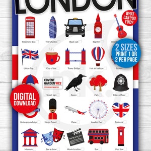 May include: A London scavenger hunt printable with a red, white, and blue color scheme. The printable features a list of London landmarks and icons, such as Big Ben, the London Eye, and a red double-decker bus. The printable is designed for children to find the items on the list while exploring London.