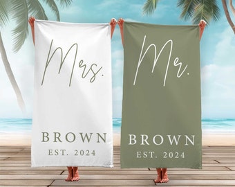 Honeymoon Couple Mr. Mrs. Beach Towel, Matching Custom Bath Towels, Bachelorette Bride  Beach Towel Personalized Groom Wedding Newlywed Gift