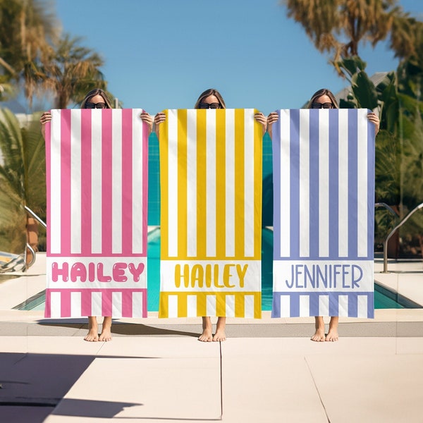 Striped Personalized Beach Towel, Kids Custom Name Pool Towels, Bridesmaid Towel, Birthday Vacation Gift, Vintage Stripe Print Bath Towel,