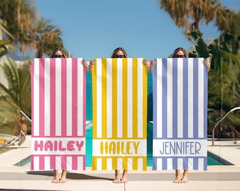 Striped Personalized Beach Towel, Kids Custom Name Pool Towels, Bridesmaid Towel, Birthday Vacation Gift, Vintage Stripe Print Bath Towel,