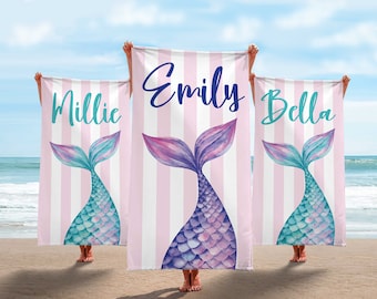 Mermaid Tail Custom Name Beach Towel, Mermaid Party Favors, Personalized Bath Towel, Mermaid Birthday Gift For Kids, Pool Bachelorette Trip