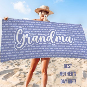 Custom Mothers Day Beach Towel, Grandma Custom Beach Towel, Mothers Day Gift, Summer Gift, Mothers Day Idea, Child Name Towel, Gift for Mama