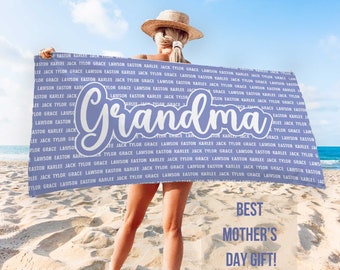 Custom Mothers Day Beach Towel, Grandma Custom Beach Towel, Mothers Day Gift, Summer Gift, Mothers Day Idea, Child Name Towel, Gift for Mama