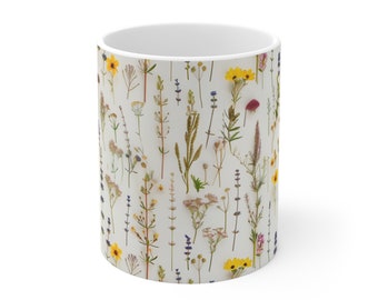 Mug 11oz, Pressed Flowers Mug, Vintage Botanical Tea Mug, Pastel Floral Nature Mug, Flower Garden Gift Mug