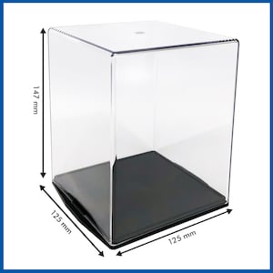 May include: A clear acrylic display case with a black base. The case measures 12.5 inches by 12.5 inches by 5.8 inches.
