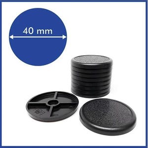 May include: A set of 10 black plastic round coasters, each measuring 40 mm in diameter. The coasters are stacked in a pile, with one coaster lying flat on the table.