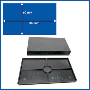 May include: A stack of dark gray rectangular tiles, each approximately 4 inches by 2.4 inches, sits above a black plastic frame. The frame has a circular cutout and the text "COBALT KEEP". A blue rectangle shows dimensions of 100 mm x 60 mm.