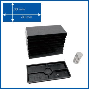 May include: A set of eight black rectangular magnetic tiles, each measuring 60 mm by 30 mm, with a smaller black rectangular base with the text "HIGH QUALITY MAGNET" and a stack of silver round magnets.