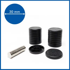 May include: A set of 30 mm diameter black magnetic discs, with a stack of 15 discs in each of two piles, and a stack of 15 silver magnetic discs. The discs are arranged on a white surface. 30 mm is written on a blue circle.