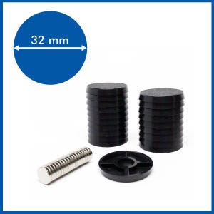 May include: A set of 32 mm black round magnetic discs, a stack of 10 black round discs, and a stack of 10 silver magnetic discs.