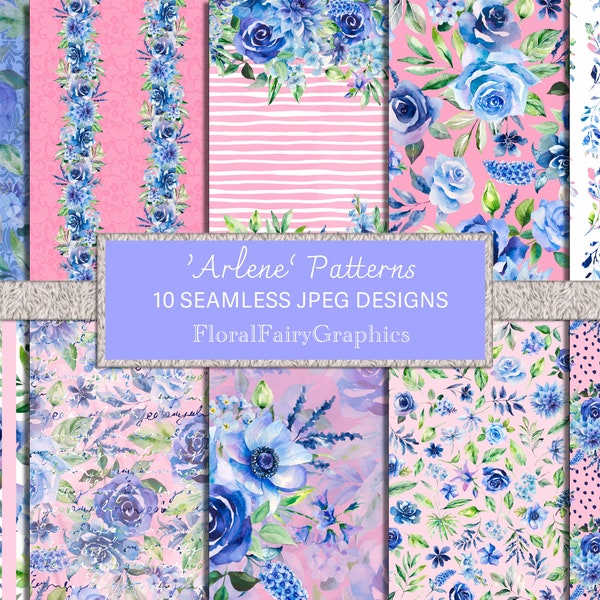 Pink and blue floral digital papers, watercolour rose patterns, blue rose backgrounds, pink and blue surface pattern design, jpeg