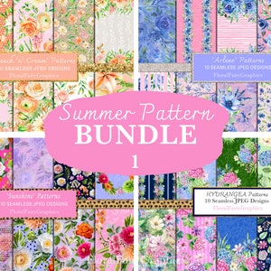 May include: A collection of digital seamless patterns with floral designs in various color palettes. The patterns are grouped into bundles labeled "Peach 'n' Cream", "Arlene", "Sunshine", and "Hydrangea". The text "Summer Pattern Bundle 1" is also present.