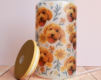 Bicchiere in vetro con ritratto di animale domestico personalizzato: tazza da caffè freddo con coperchio e cannuccia, regalo per gli amanti degli animali, regalo personalizzato per proprietari di animali domestici, regalo per amanti dei cani personalizzato