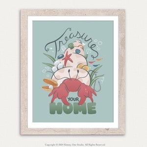 Stampa artistica di paguro: fai tesoro della tua casa, decorazione per la cameretta dei bambini a tema oceano, stampa artistica illustrata con cornice