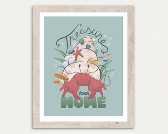 Hermit Crab Children's Art Print for Playroom Nursery Kids Decor Framed and Signed Giclee Poster Ocean Illustration Style with Fish