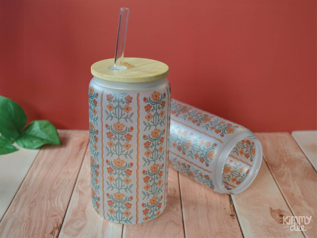 Personalized Floral Iced Coffee Glass Cup With Bamboo Lid & Glass Straw ...