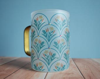 Hand-Painted Glass Coffee Mug with Gold Handle & Rhinestones