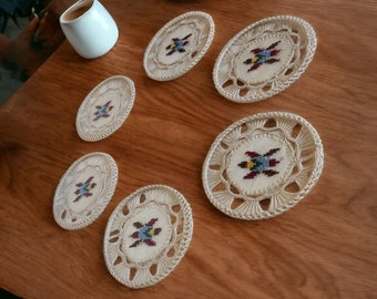 Handcrafted Authentic Crochet Coasters, Cross-Stitched Beverage Coasters, Embroidery Coffee Mat, 6 Pieces, Coaster Set, Boho Decoration