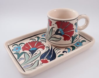 Hand-Painted Tulip Pattern Turkish Coffee Cup, Traditional Ottoman Motif Ceramic Espresso Mug, Unique Gift for Coffee Lovers & Home Decor