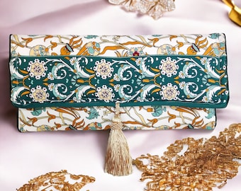 Elegante bolso de mano de seda, bolso de mano con estampado étnico turco, bolso de mano de noche y boda, bolso de mano de seda de lujo.