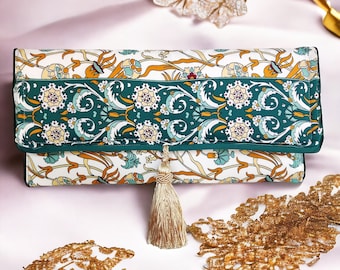 Elegante Seiden-Clutch-Tasche, ethnische türkische Muster-Geldbörse, Abend- und Hochzeits-Clutch, luxuriöse Seidenhandtasche