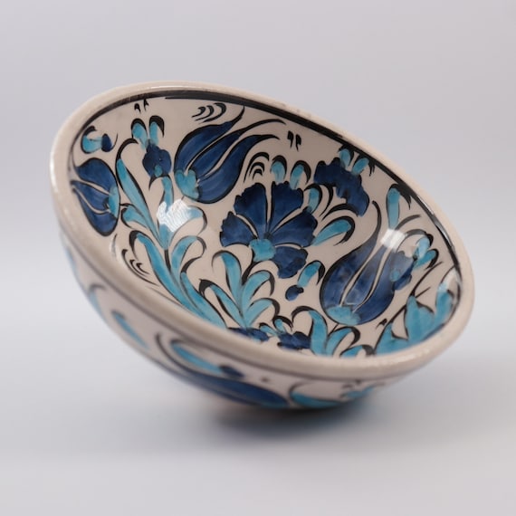 Handpainted Turkish Tulip Pattern Blue Ceramic Bowl, Anatolian Motif Serving Bowl, Floral Snack Pot, Decorative Salad Bowl, Ceramic Art Dish