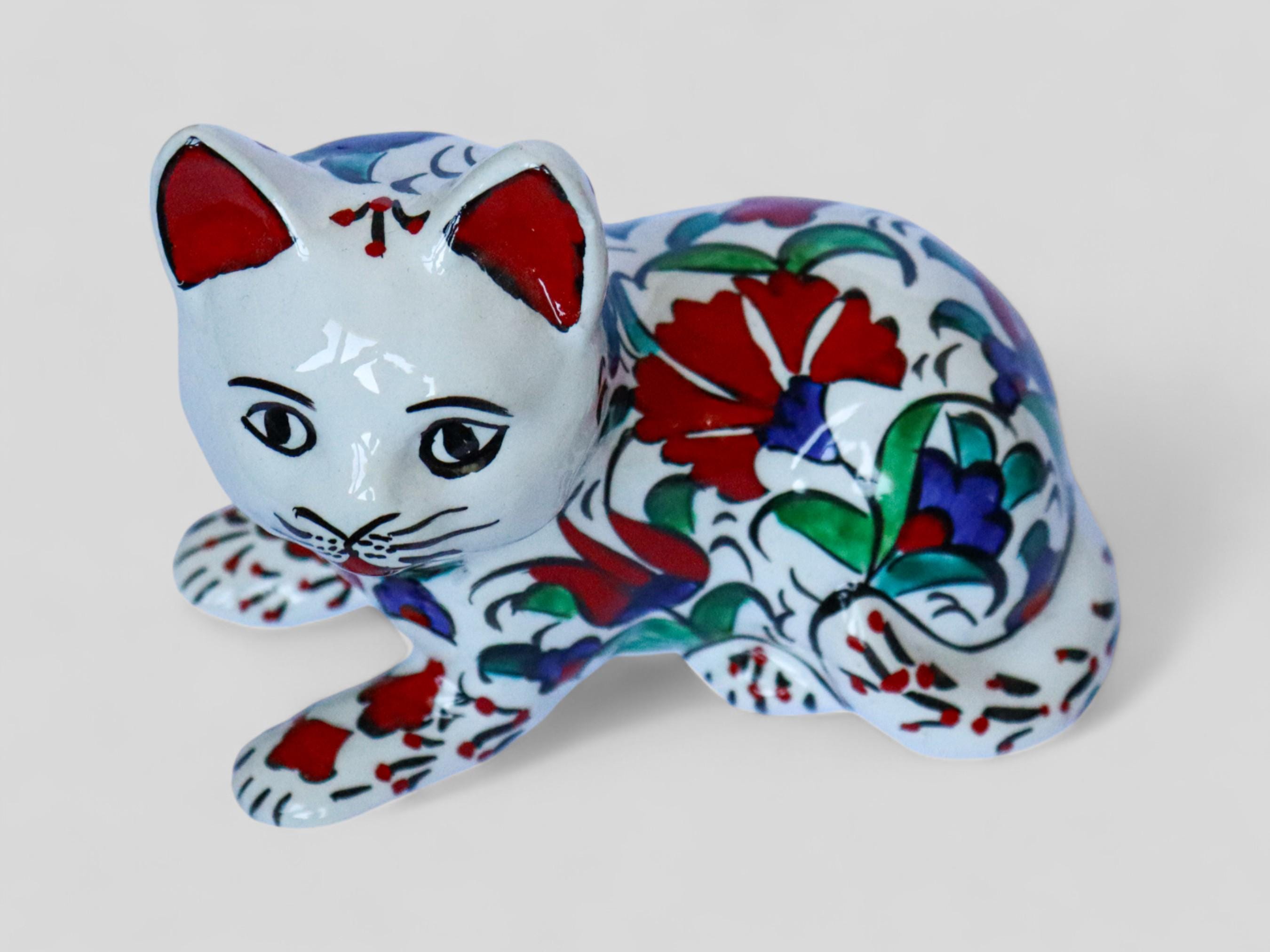 Ceramic Art Turkish Tulip Pattern Cat Statue, Anatolian Motif Kitty ...