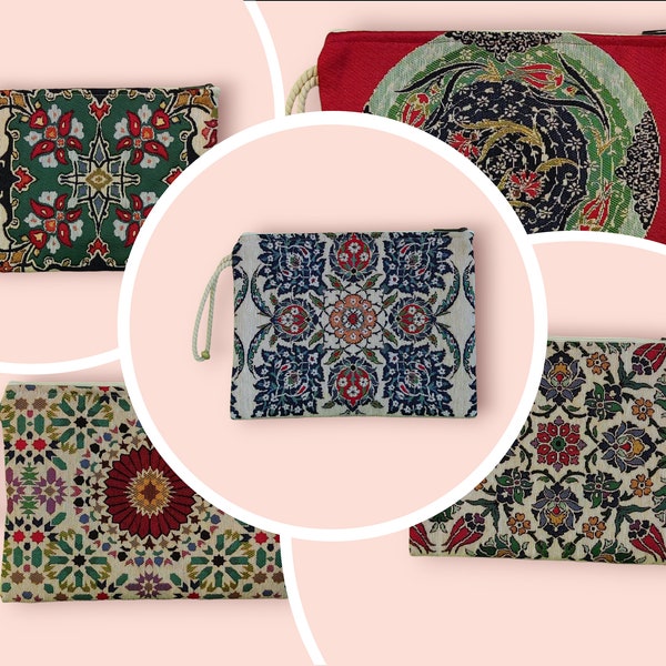 Authentic Tapestry Clutch Kilim Purse, Gobelin Zipper Clutch, Turkish Motif, Small Handbag, Unique Pattern Tapestry Purse, Tablet & Book Bag