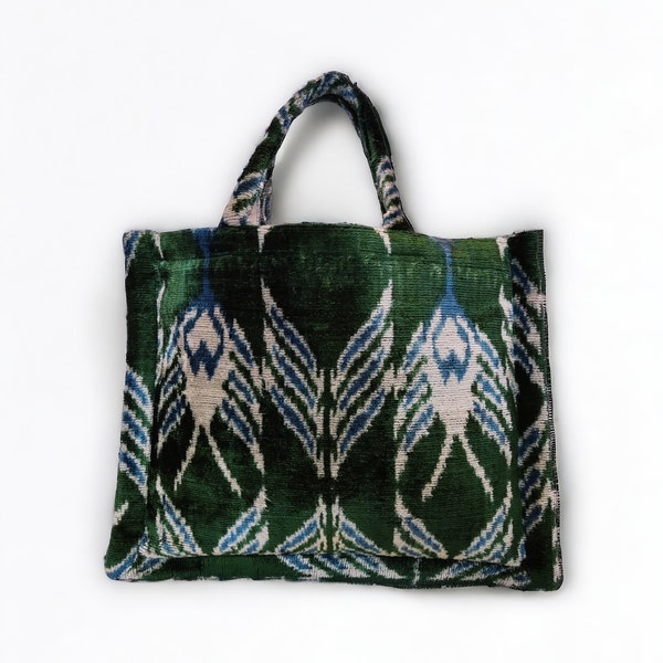 Handwoven Ikat Silk Velvet Bag, Elegant Ikat Tote Bag,  Luxurious Tote