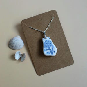 Handmade Upcycled Pottery Shard Necklace in Sterling Silver, Floral Pattern Pendant, Blue and White Transferware, Mudlarking Find Jewellery