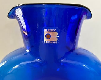 Vintage Cobalt Blue Blenko Glass Double Spout Vase with Original Sticker