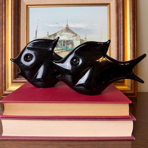 May include: Two glossy black ceramic fish figurines with stylized fins and rounded bodies. Each fish features a pointed snout and a smooth, reflective surface. The figurines are positioned side by side, showcasing their distinct, curved silhouettes.