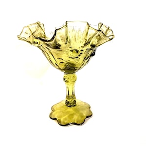 Fenton Green Glass Ruffled Pedestal Compote Bowl