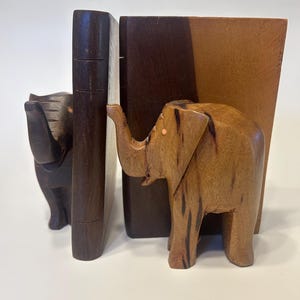Hand Carved Wooden Elephant Book Ends