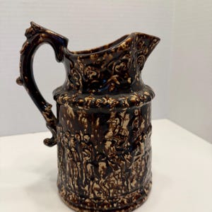 Antique Rockingham Glaze Pottery Pitcher, Figural Relief Scene, Brown Mottled