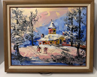Morris Katz Original Oil Painting on Board, Winter Ski Scene, Signed, Framed