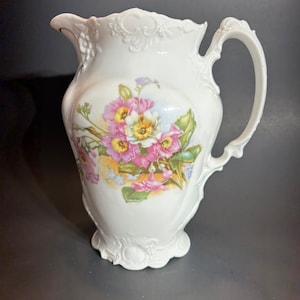 White Pitcher with Gold Trim and Painted Flowers